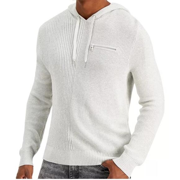 INC Intl Concept Wolfie Hoodie Sweater Ribbed Knit Whispy Grey Men Sz Medium $70 - Picture 1 of 10